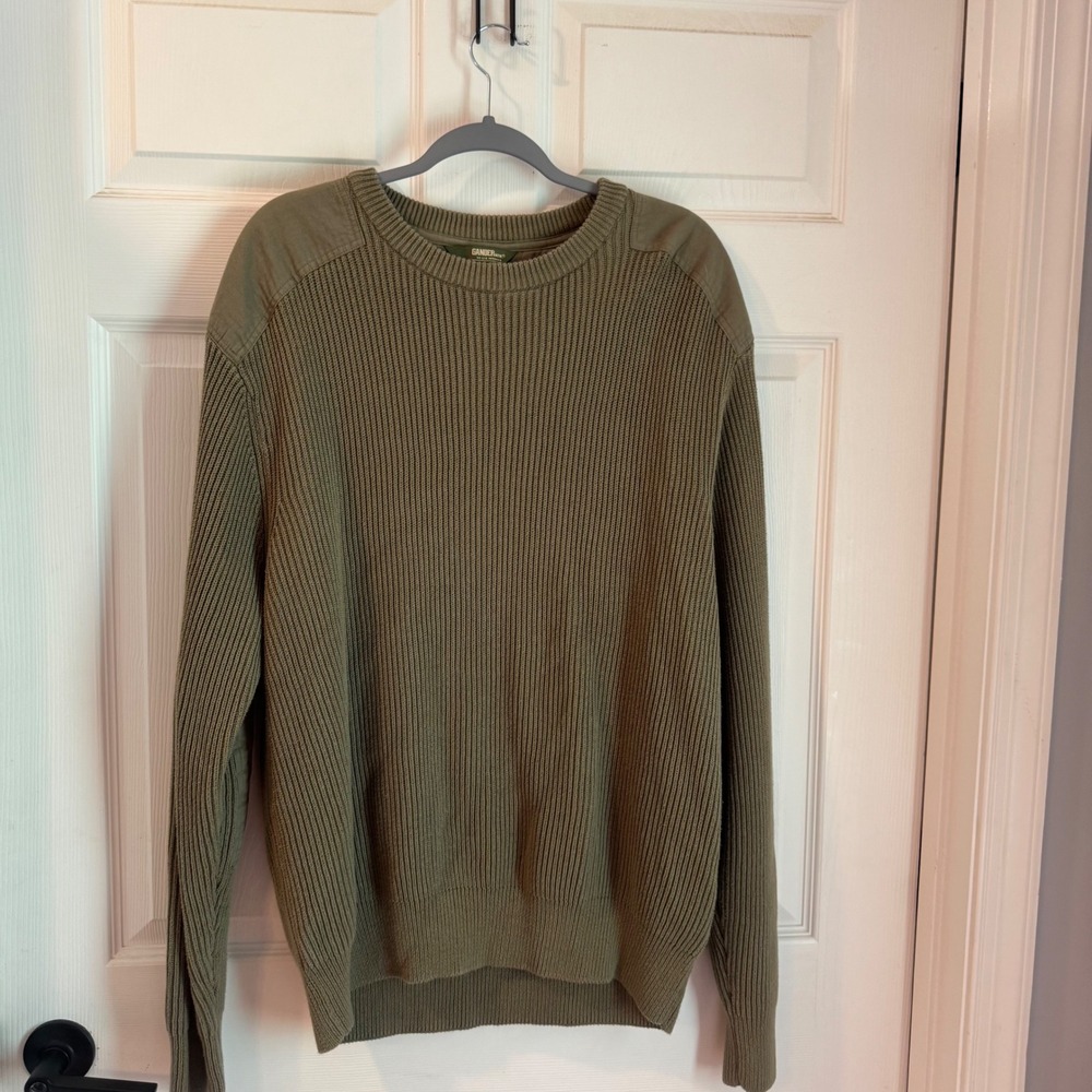 Gander Mountain Sweater Men XL Olive Green Ribbed Knit Shoulder Elbow Patches